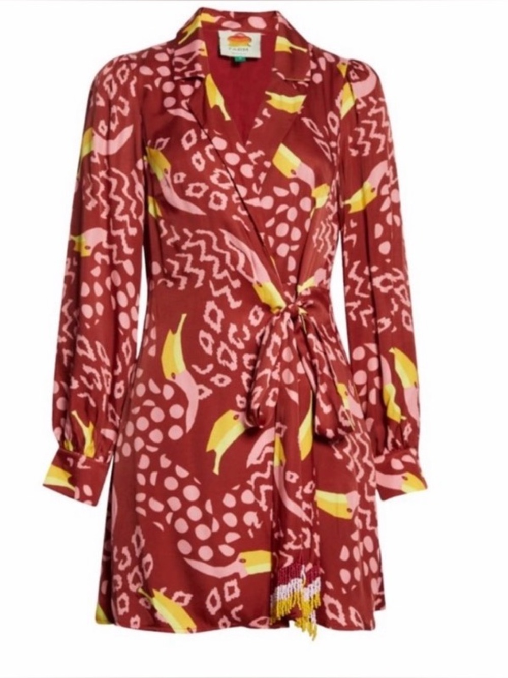 ⭐️HP⭐️! FARM RIO Toucanissimo! Cocktail Mini-Mock-Wrap Dress in Burgundy/Yellow - Picture 2 of 16